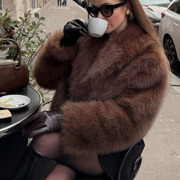 Coffee Brown Casual Women's Faux Fur Jacket coat - Picture 2 of 6